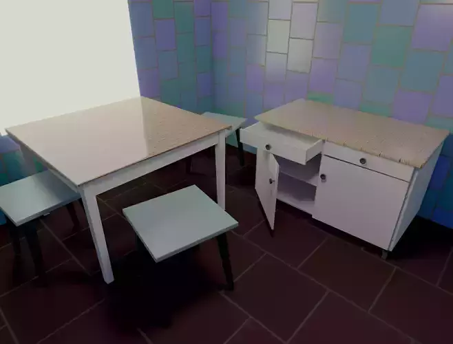 Table chair kitchen chest of drawers Old soviet PBR game-ready