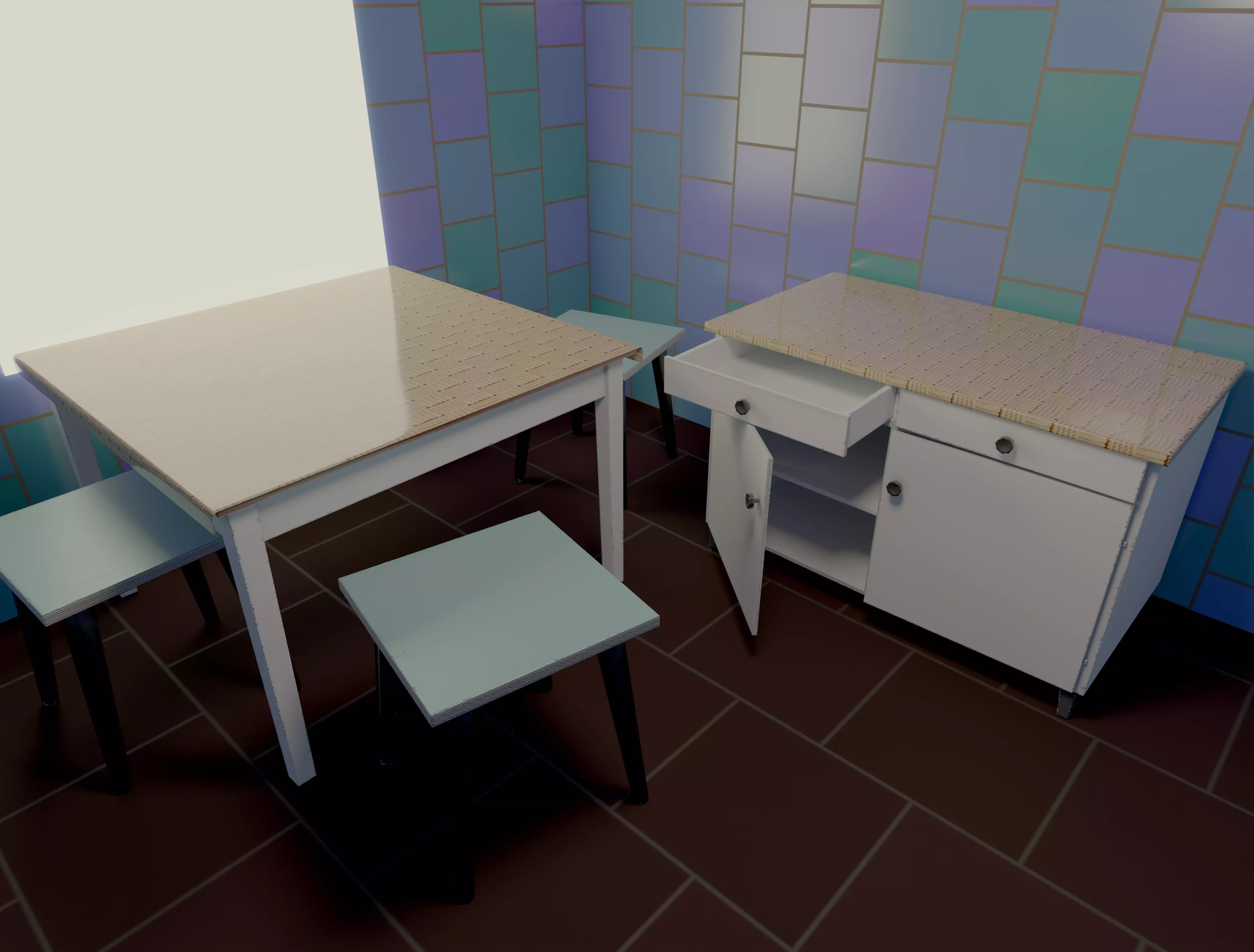 Table chair kitchen chest of drawers Old soviet PBR game-ready Low-poly 3D model_0