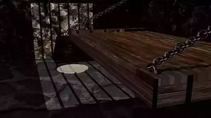 PRISON bed in cave with chains