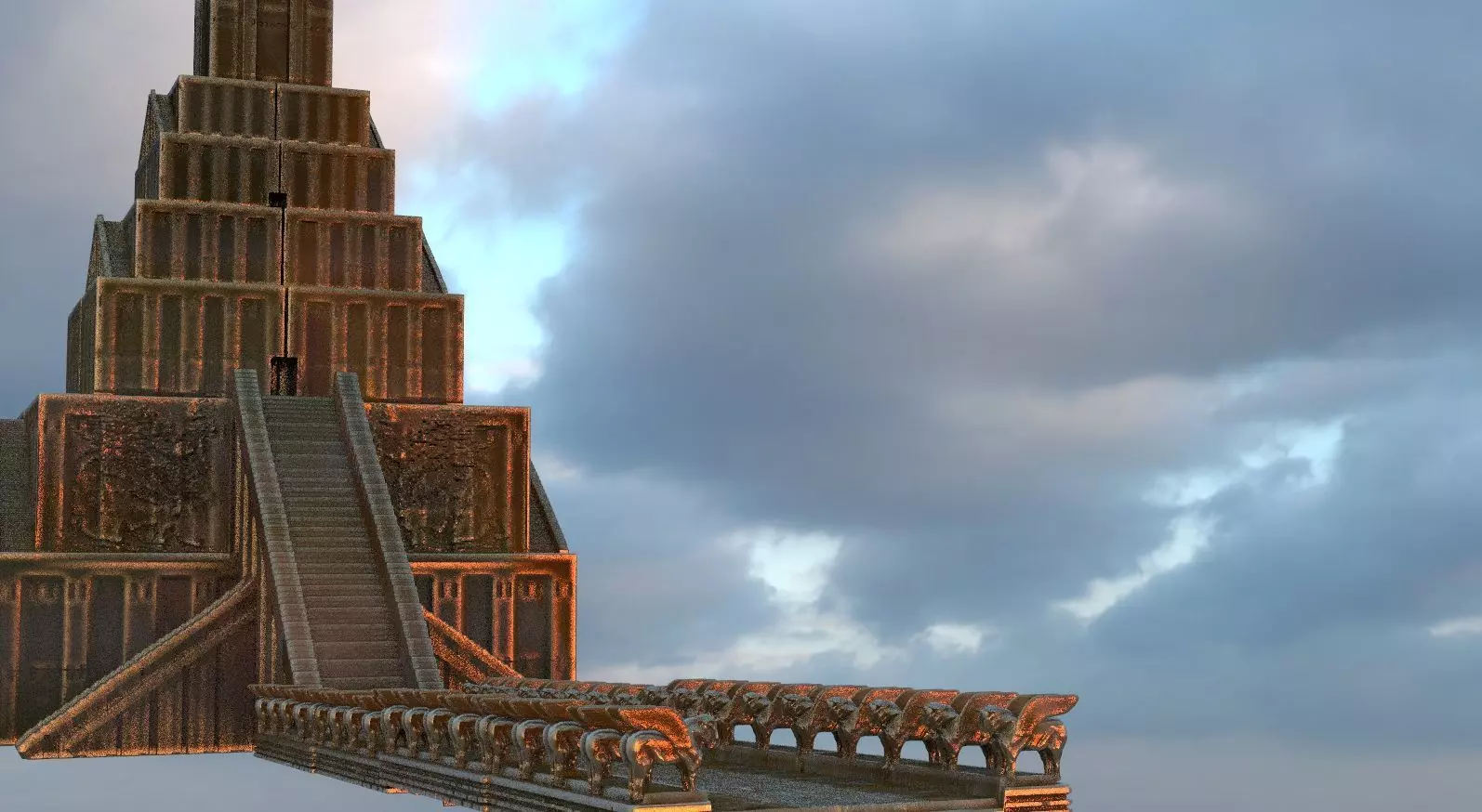 Babylon Pyramid with Road and Bull statues 3D model_0