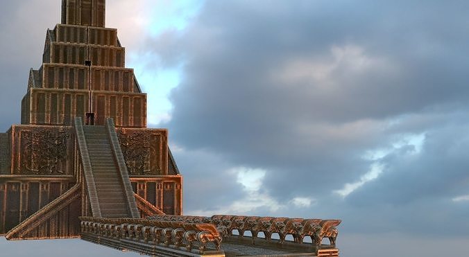 Babylon Pyramid with Road and Bull statues 3D model