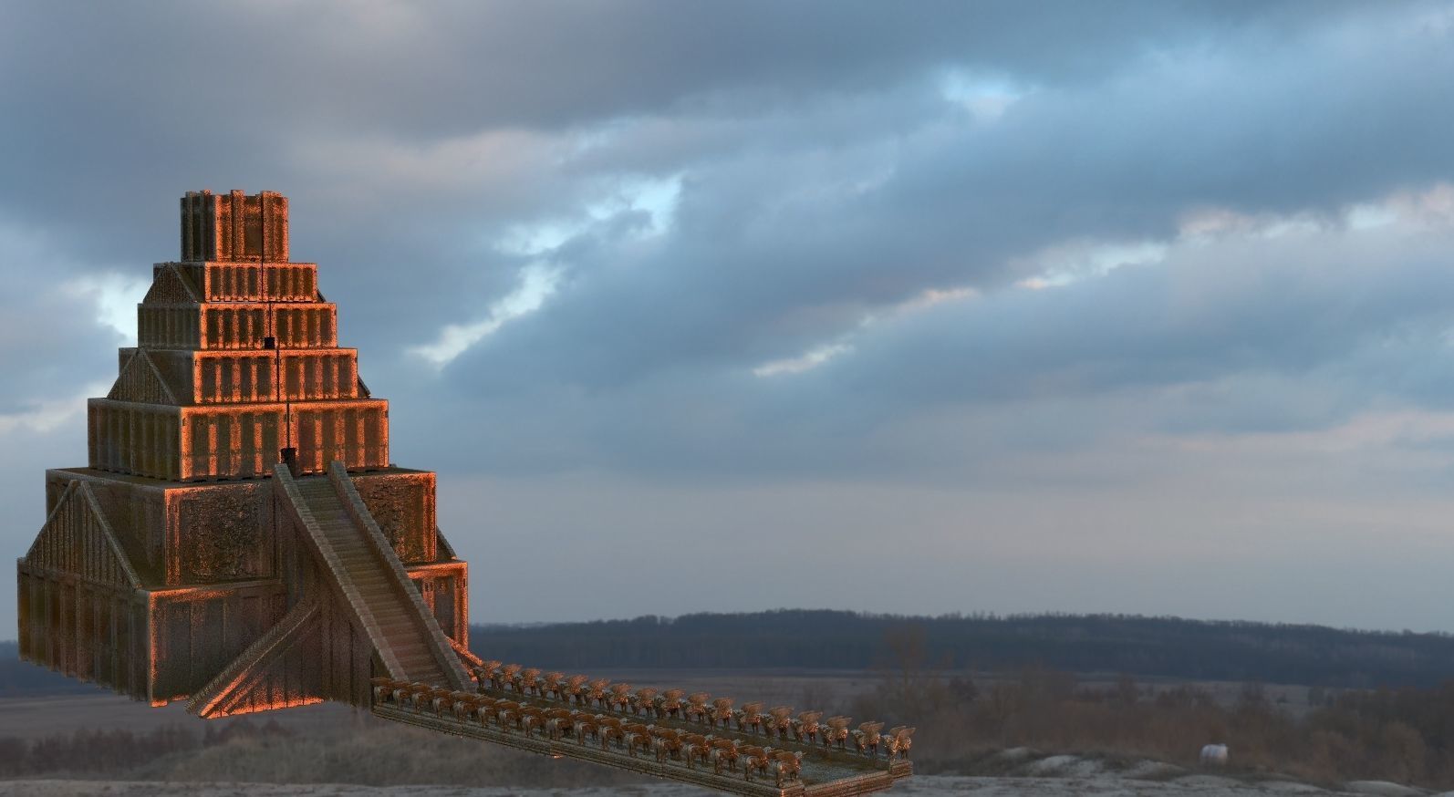 Babylon Pyramid with Road and Bull statues 3D model_1