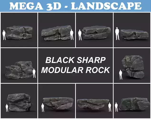 Low poly Black Sharp Modular Rock 210807 Low-poly 3D model