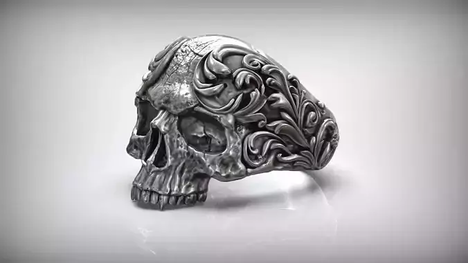 Silver Skull Oxidized Ring Baroque Style