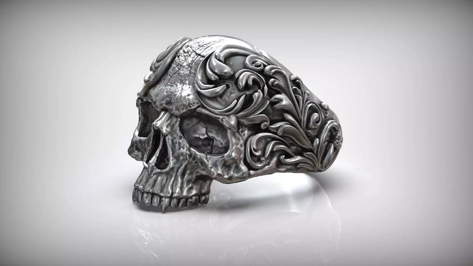 Silver Skull Oxidized Ring Baroque Style 3D print model