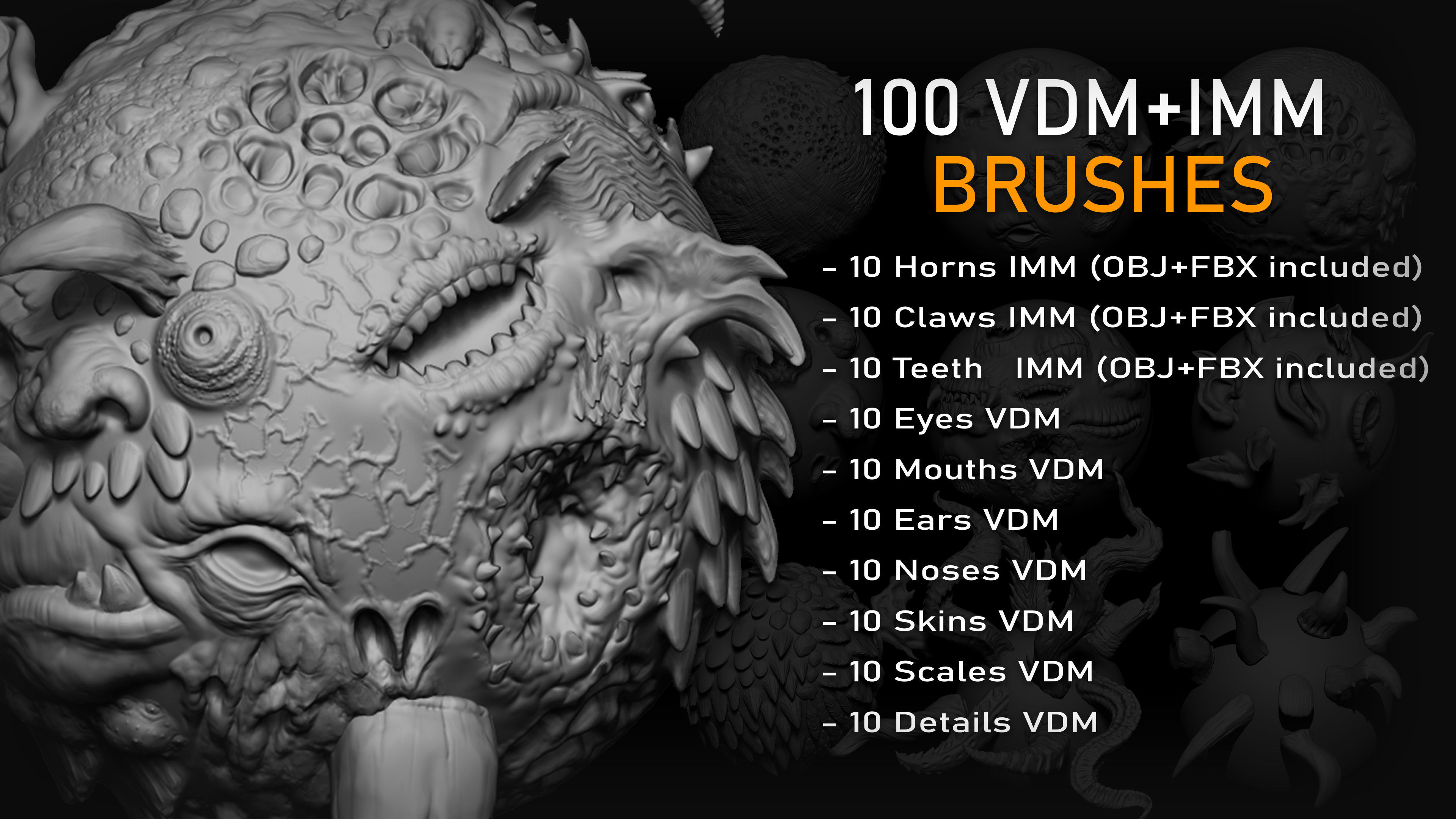 Zbrush and Blender - 100 Creature Brush Mega Pack 3D model | CGTrader