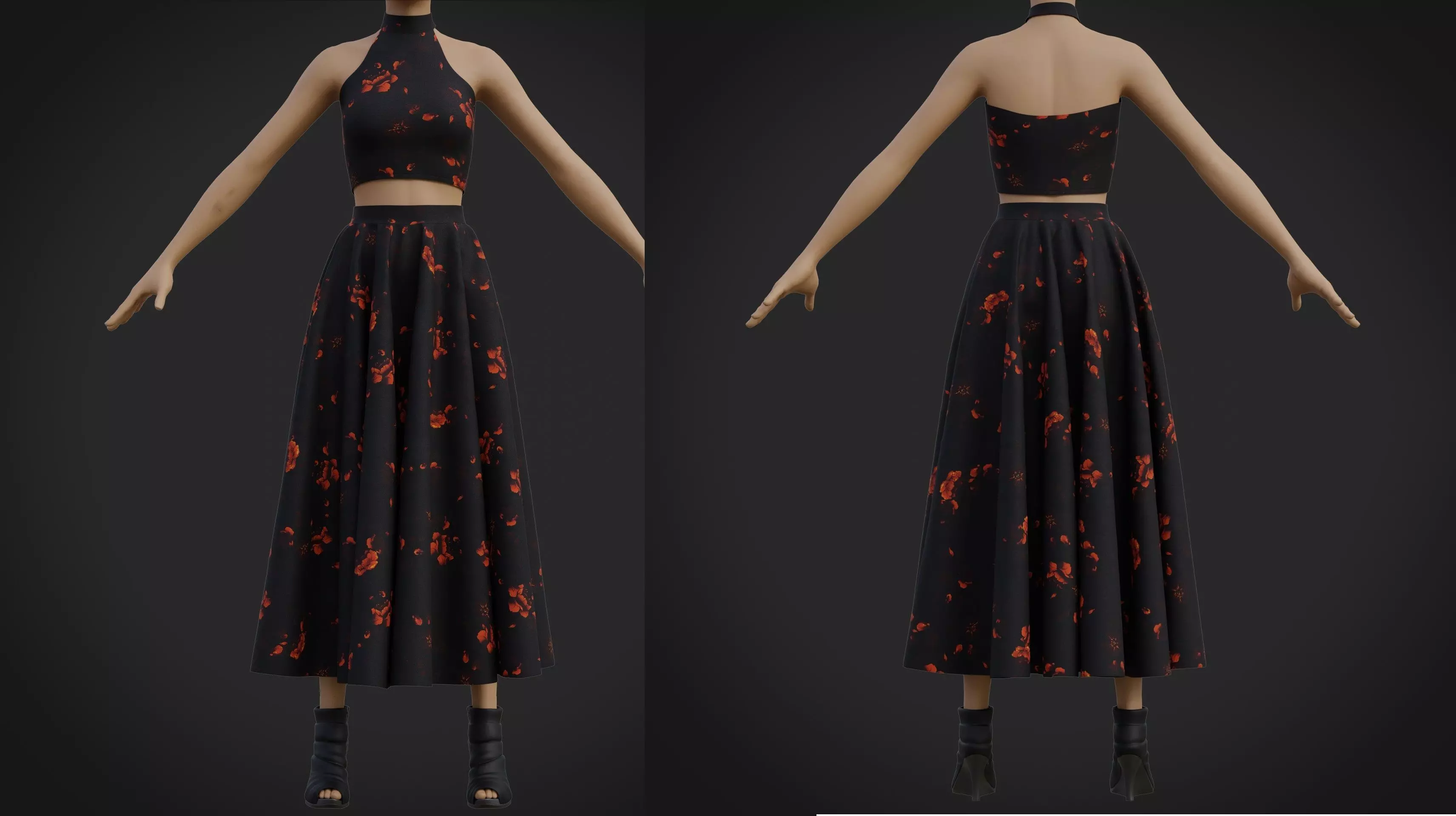 halter neck crop top and maxi skirt - two piece prom dress 3D model