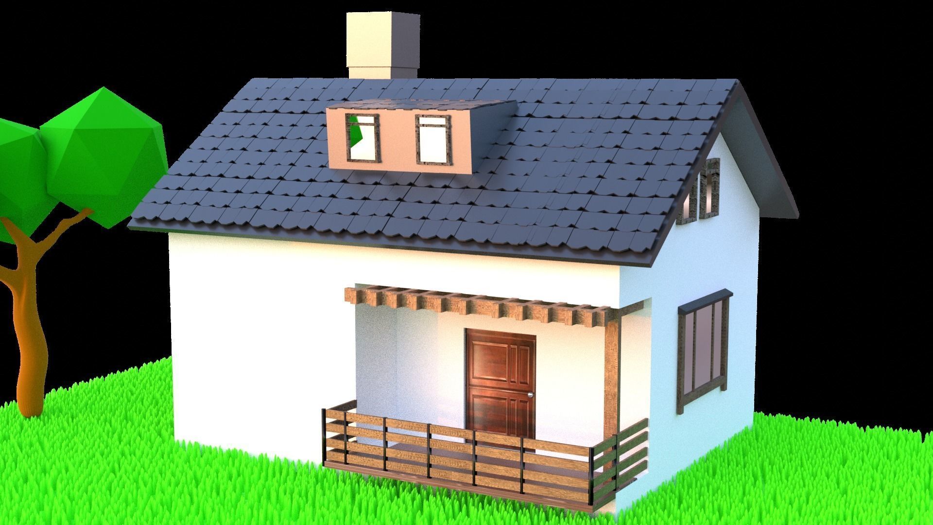 realistic low poly house with grass and trees Free low-poly 3D model_2