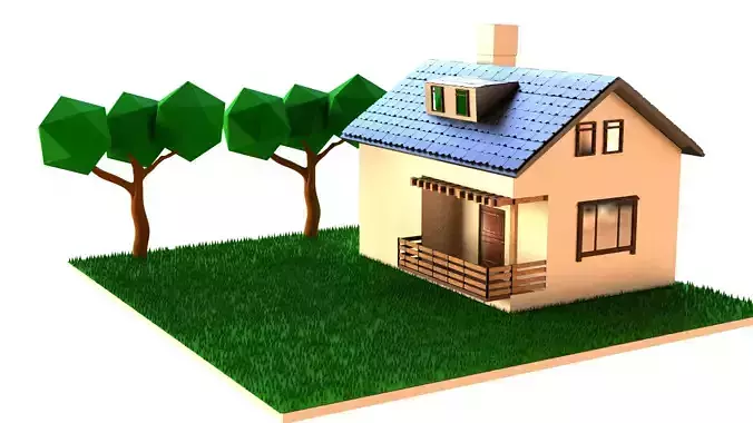 realistic low poly house with grass and trees