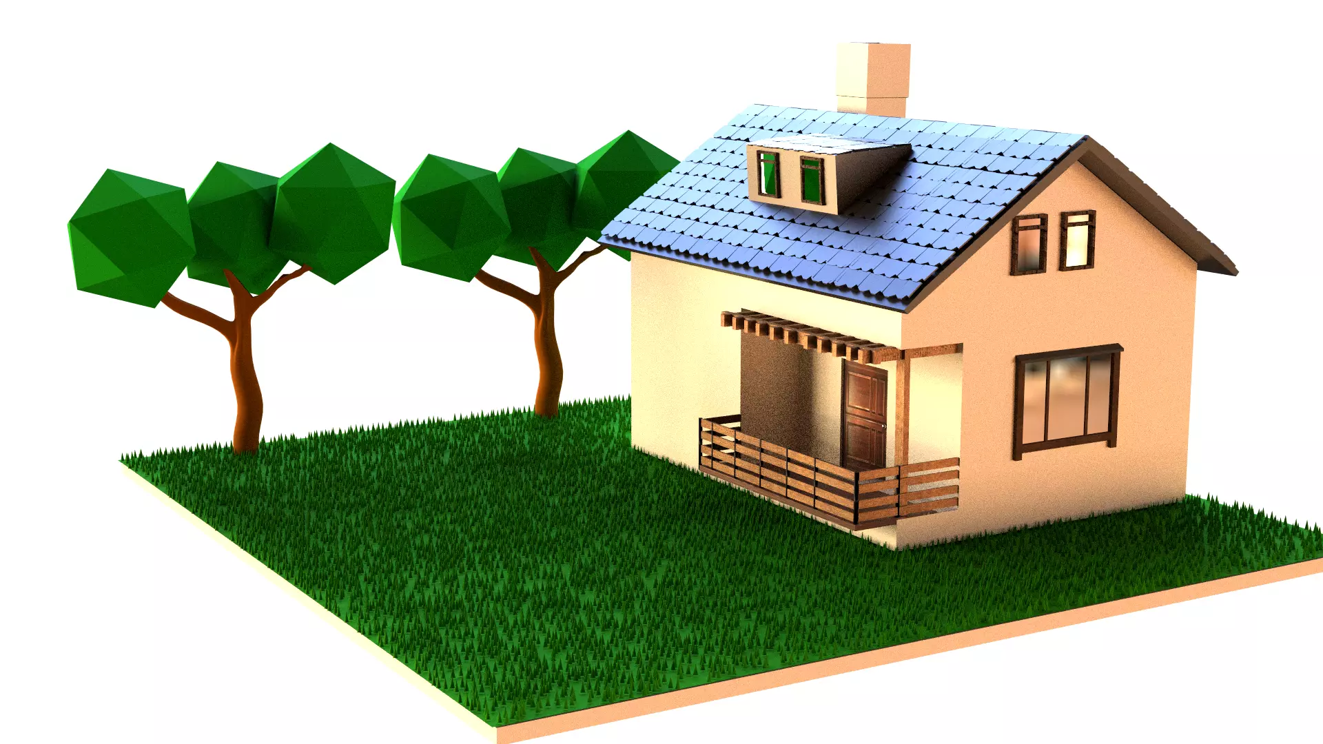 realistic low poly house with grass and trees Free low-poly 3D model_0
