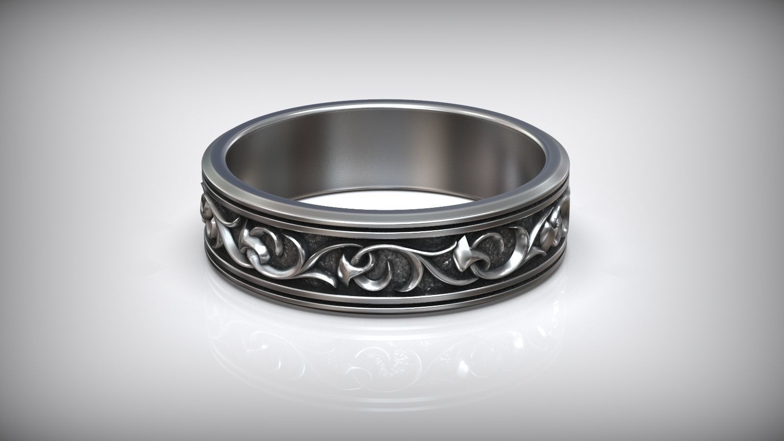 Wedding Band Flower Pattern Oxidized Rings 3D print model_2