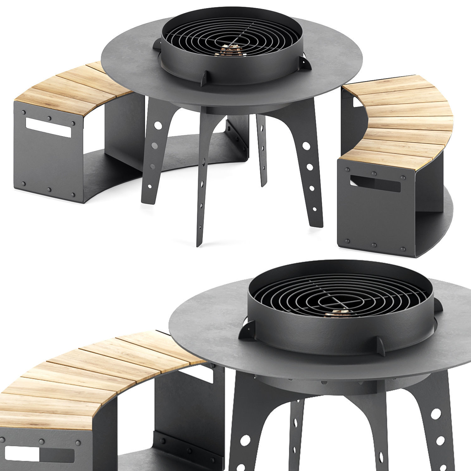 Hearth bbq table with bench and fire pit 3D model_1