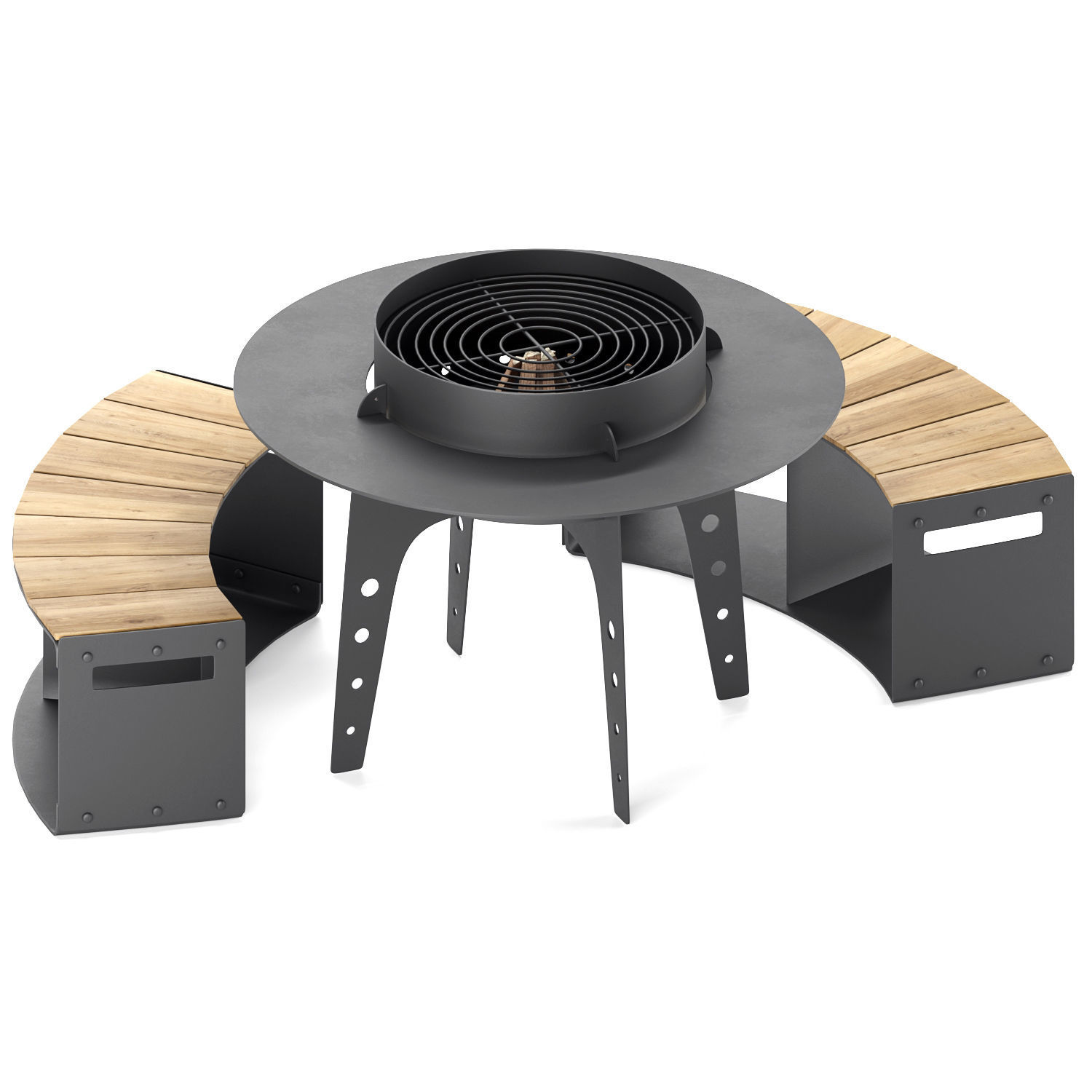 Hearth bbq table with bench and fire pit 3D model_6