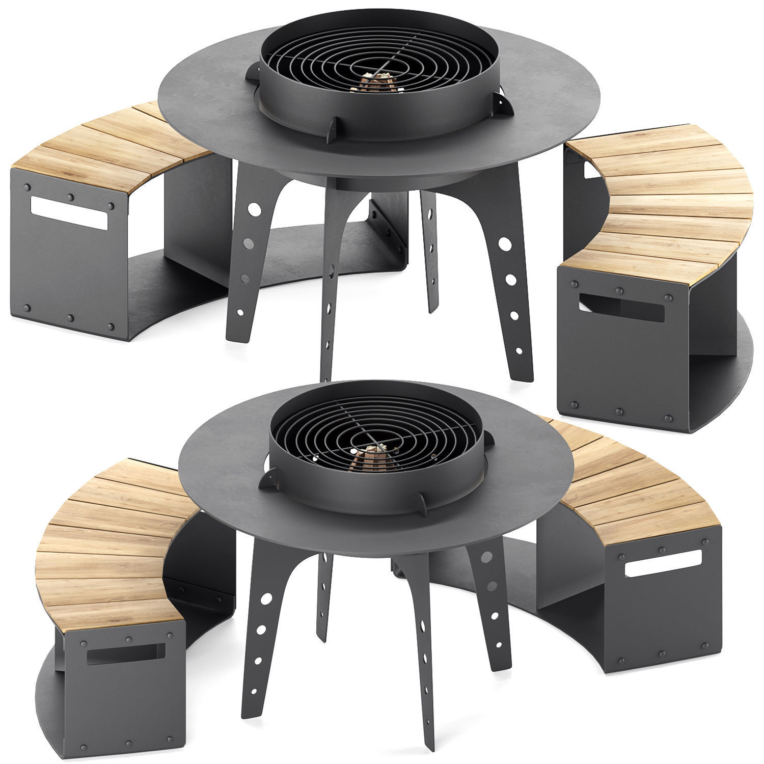 Hearth bbq table with bench and fire pit 3D model_2