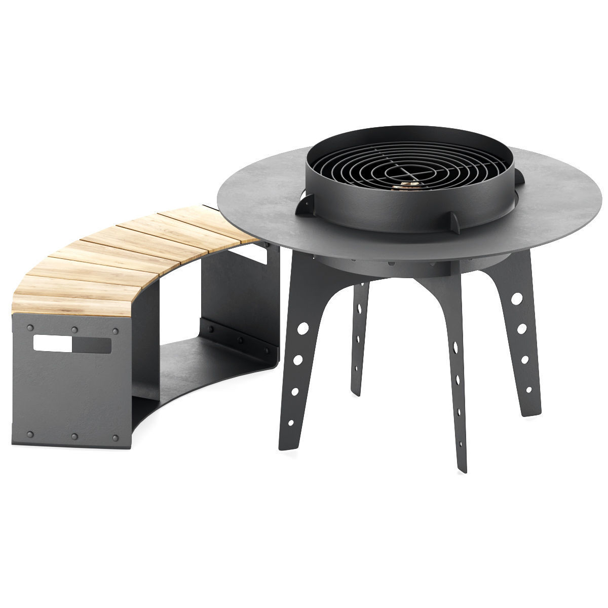 Hearth bbq table with bench and fire pit 3D model_3