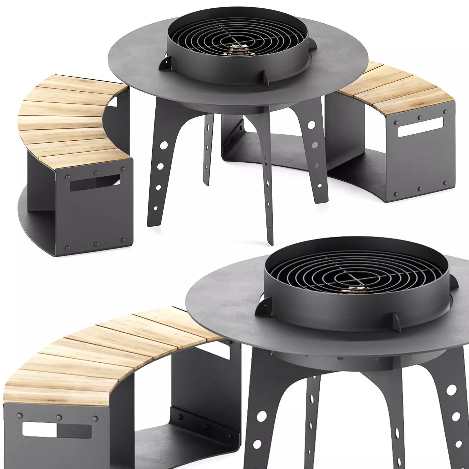 Hearth bbq table with bench and fire pit 3D model_0
