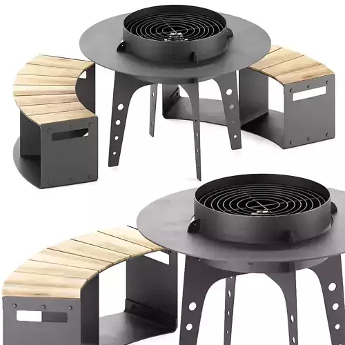 Hearth bbq table with bench and fire pit 3D model