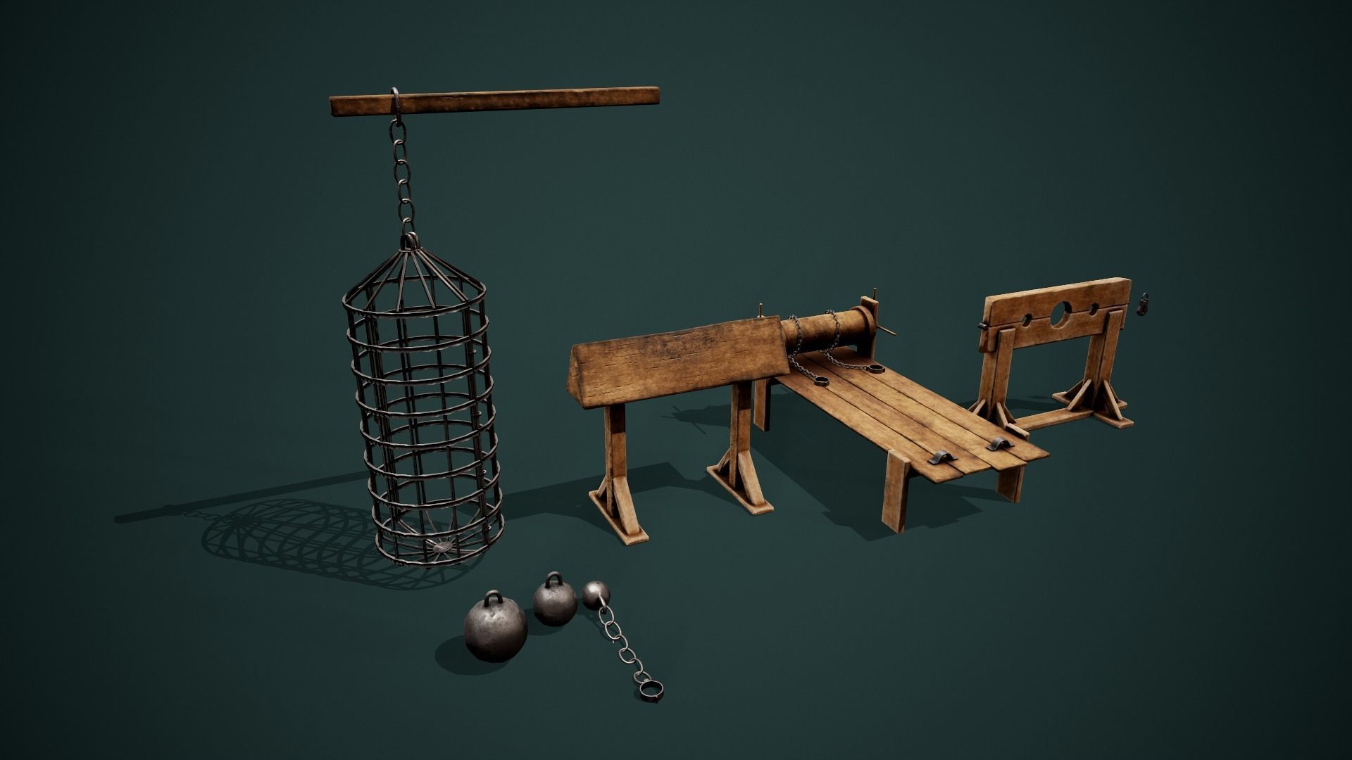 Medieval dungeon torture devices - Stocks - Rack PBR Low poly Low-poly 3D model_7