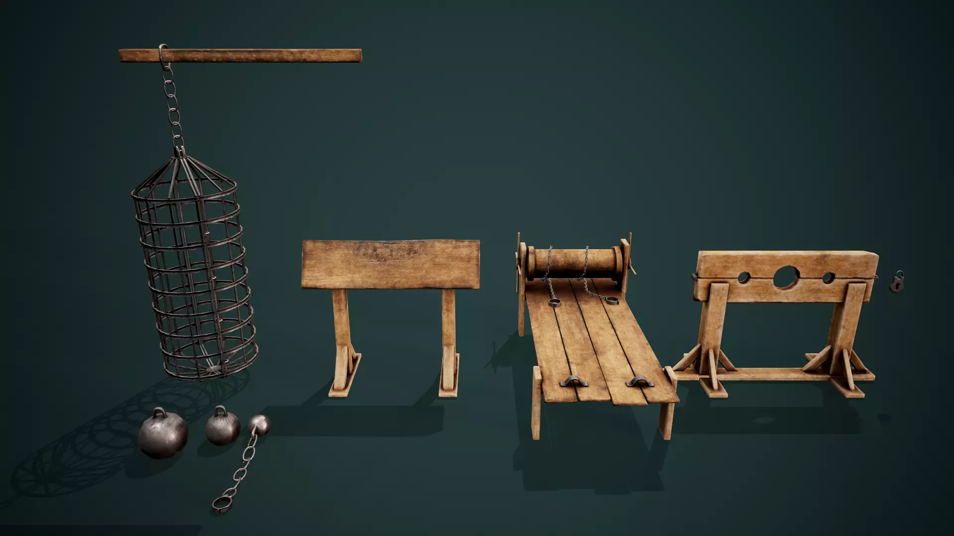 Medieval dungeon torture devices - Stocks - Rack PBR Low poly Low-poly 3D model_0
