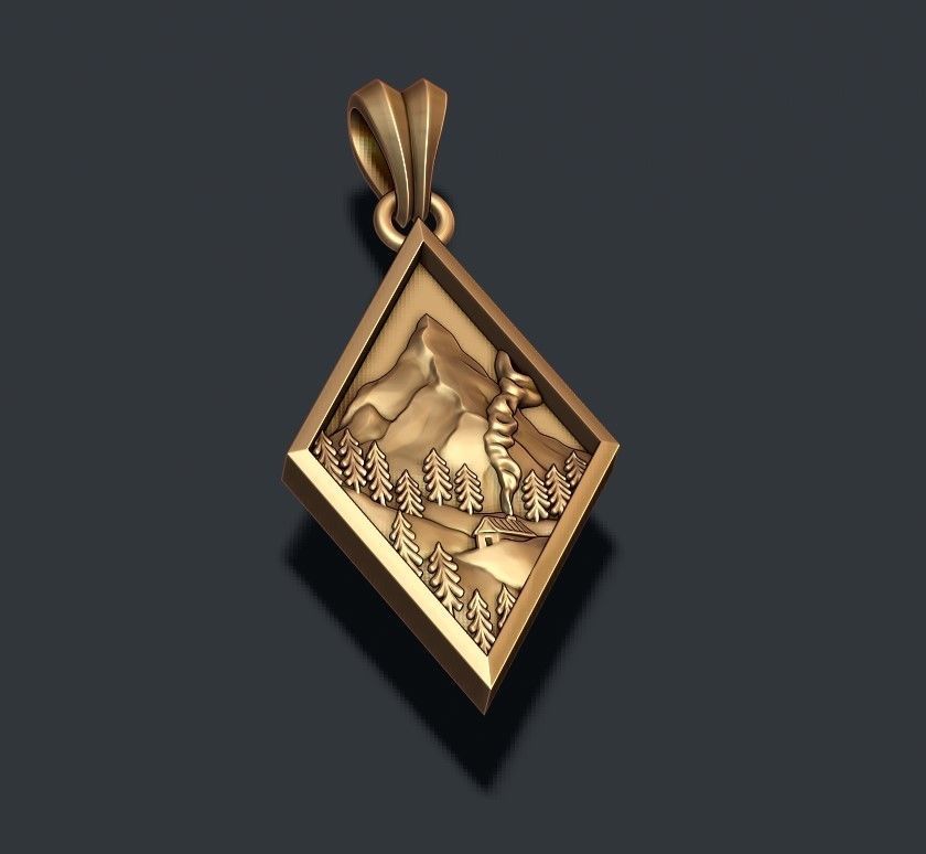 Mountain village art pendant  3D print model_4