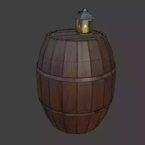 Old barrel with rusted lantern PBR low-poly game-ready
