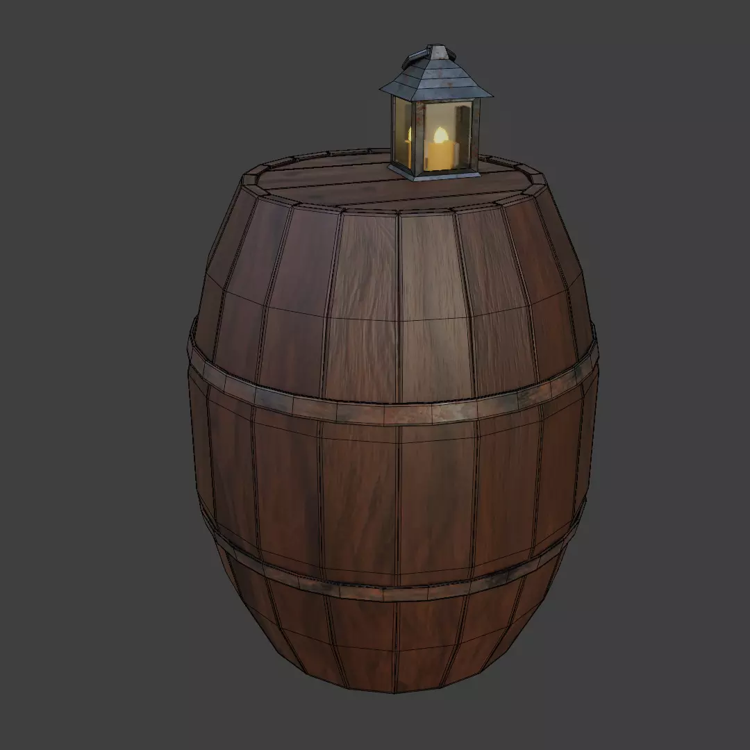 Old barrel with rusted lantern PBR low-poly game-ready Low-poly 3D model_0