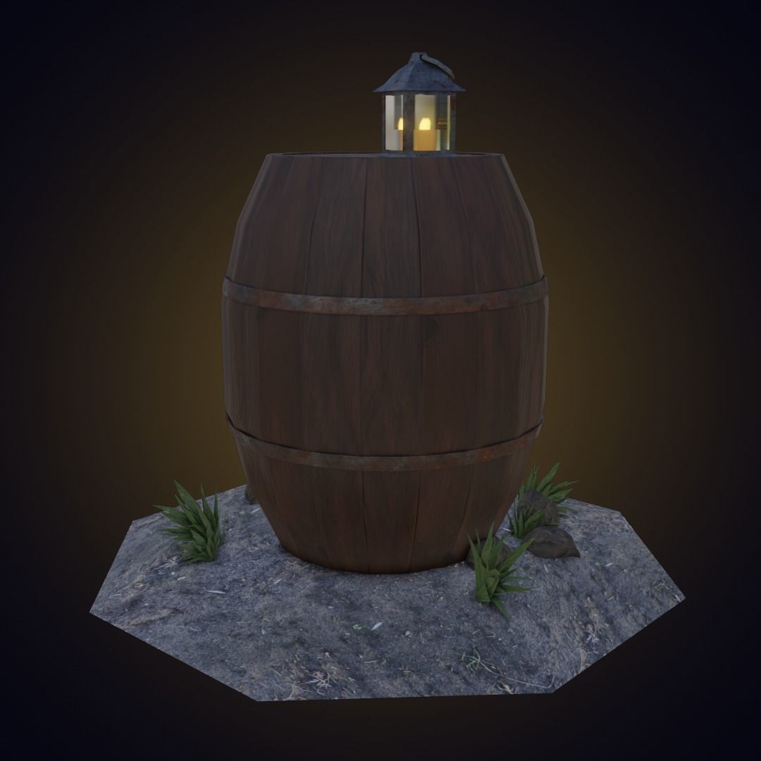 Old barrel with rusted lantern PBR low-poly game-ready Low-poly 3D model_1
