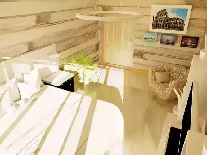 bedroom with wooden walls and bed