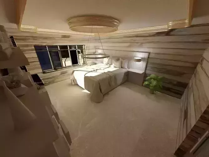bedroom with wooden walls and ceiling