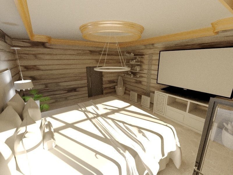 bedroom with wooden walls and ceiling 3D model_2