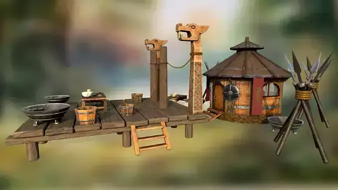 Historic Viking house with courtyard PBR low-poly 3D model