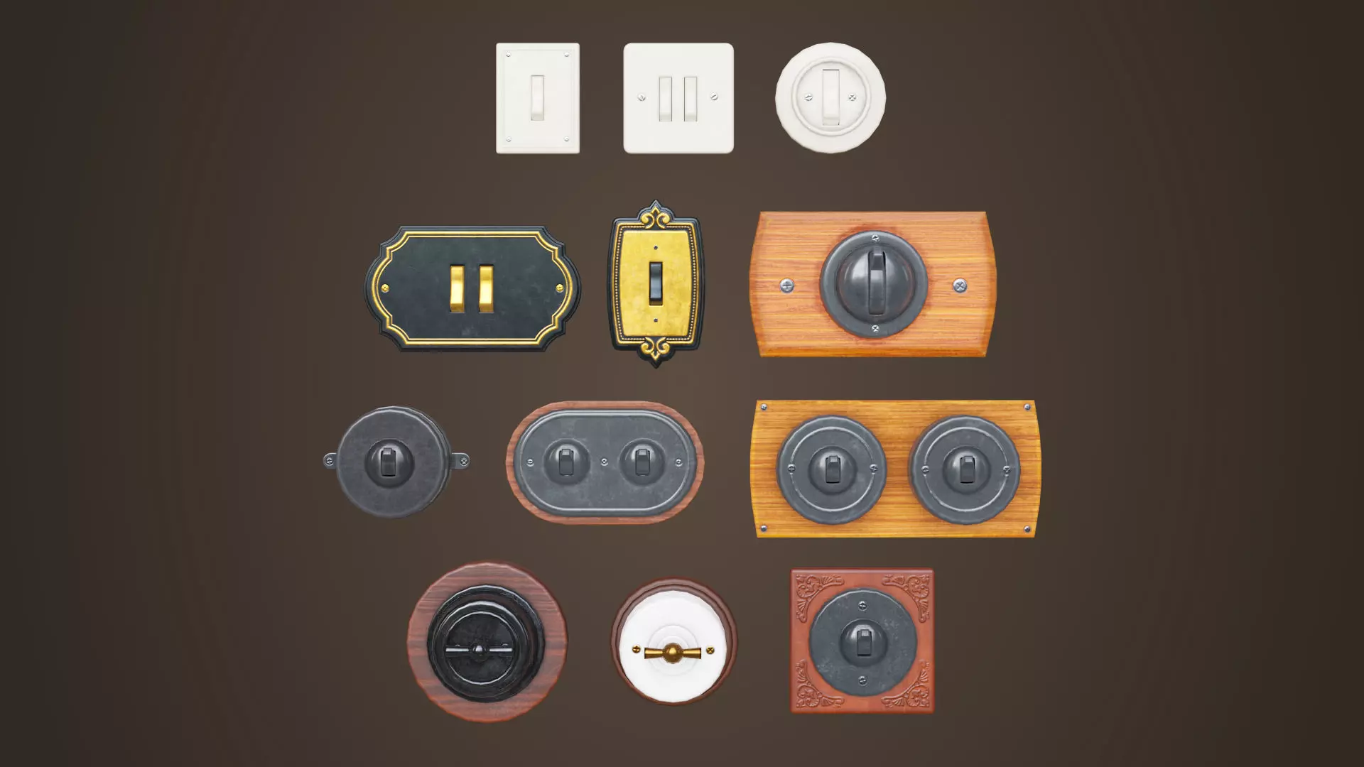 Vintage light switches Model set Low-poly 3D model_0