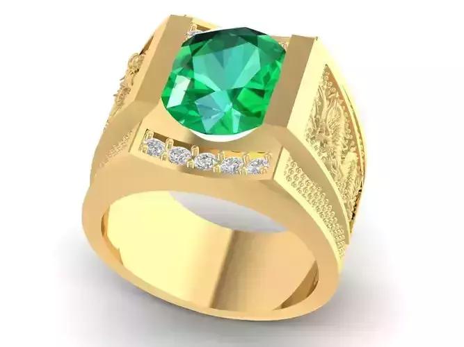 Men Vintage Engraved Gemstone Ring with Wide Band  960