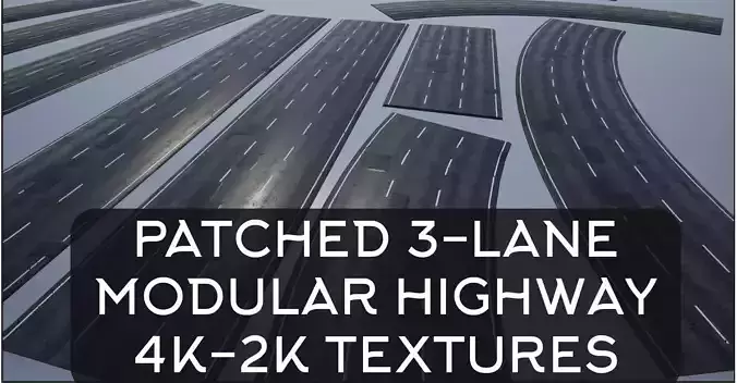 PBR 4K-2K three-lane Patched Modular Highway Roads Low-poly 3D model