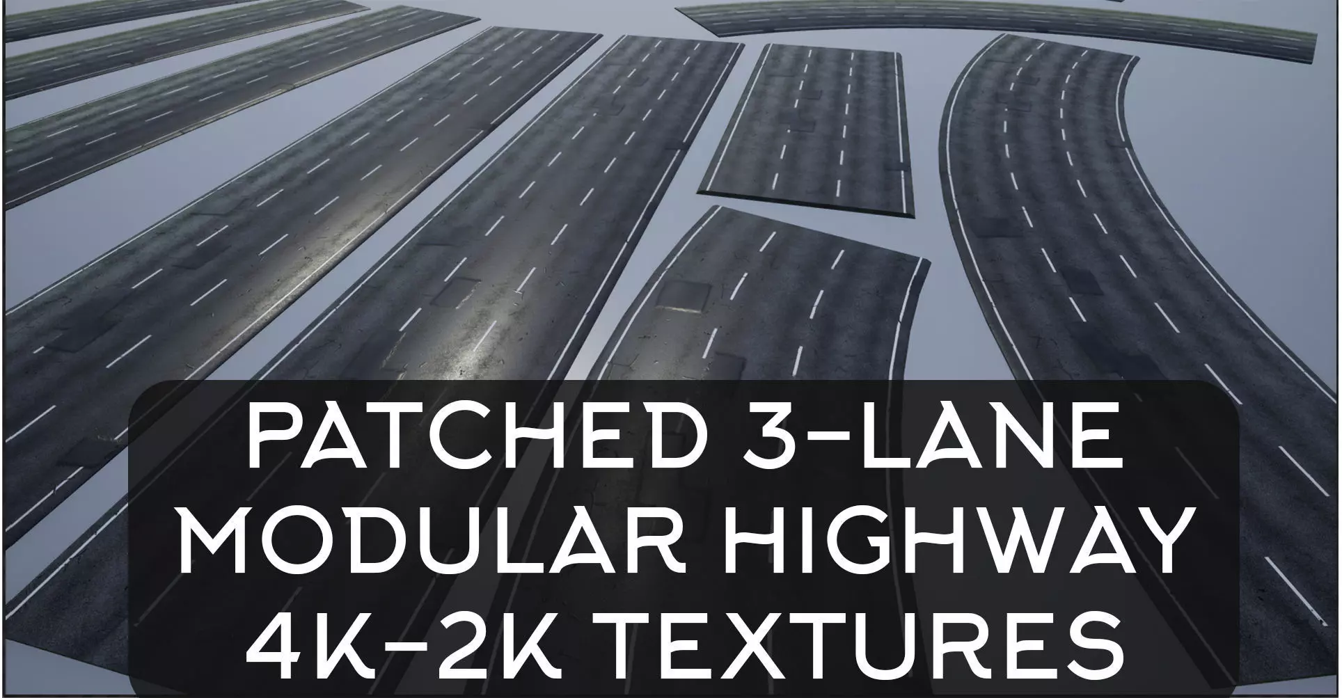 PBR 4K-2K three-lane Patched Modular Highway Roads Low-poly 3D model_0