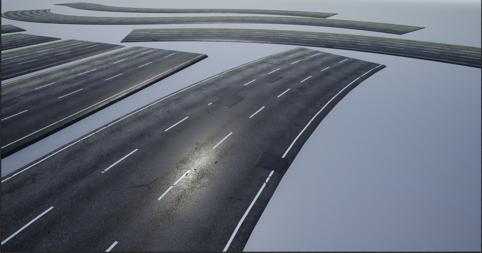 PBR 4K-2K three-lane Patched Modular Highway Roads Low-poly 3D model_1