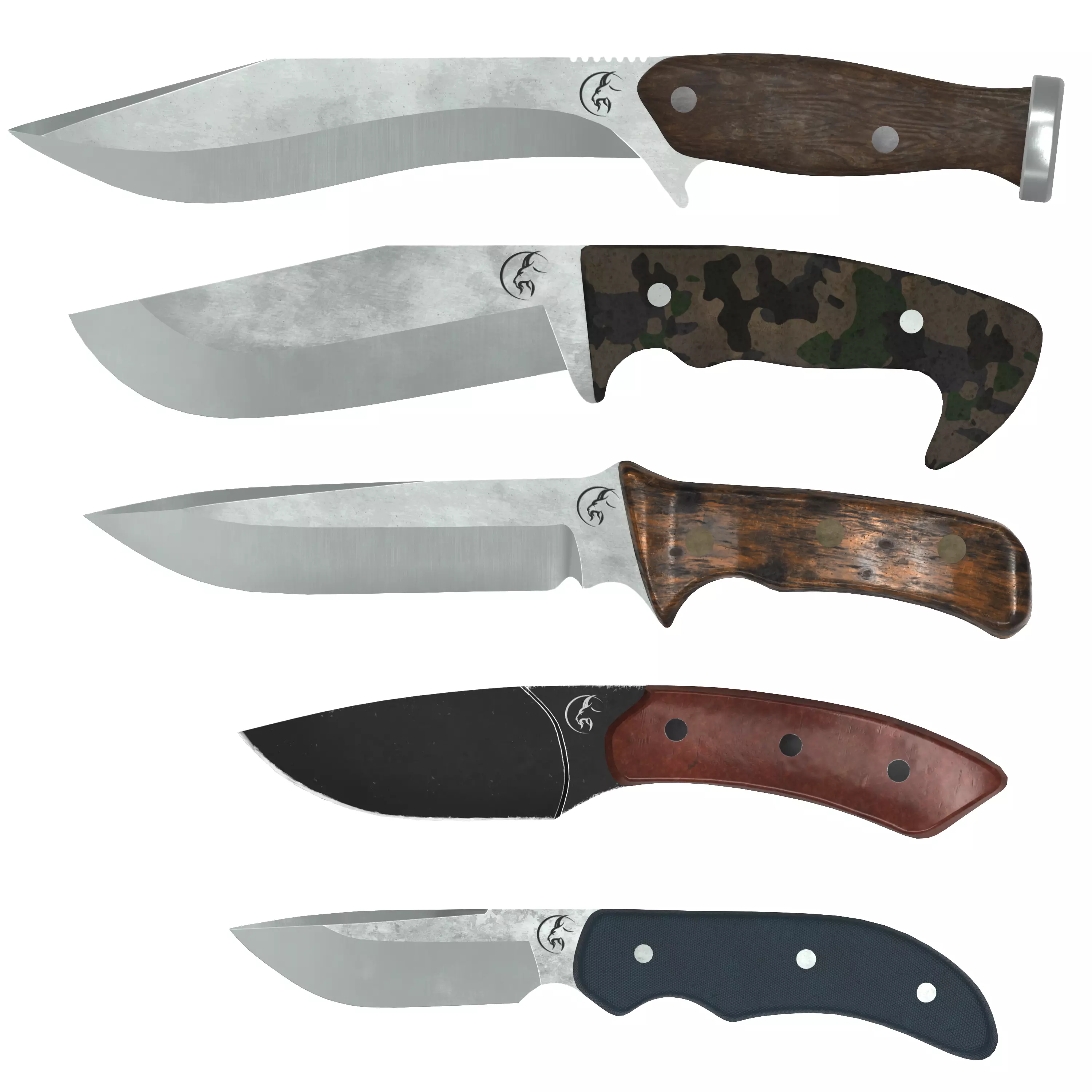 Survival Knife Pack - 5 Models - with 5 Handle Skins each Low-poly 3D model_0