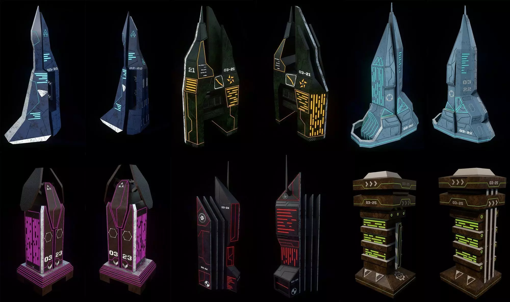 Sci-fi towers pack Low-poly 3D model_0