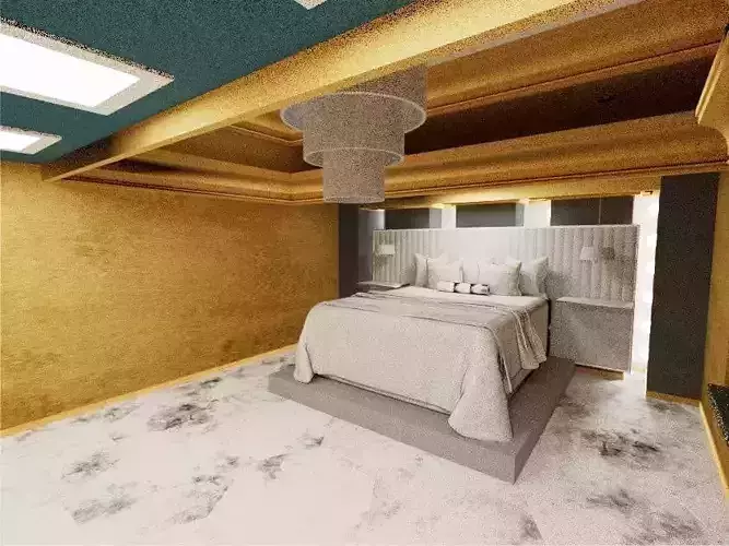 bedroom with gold walls and ceiling