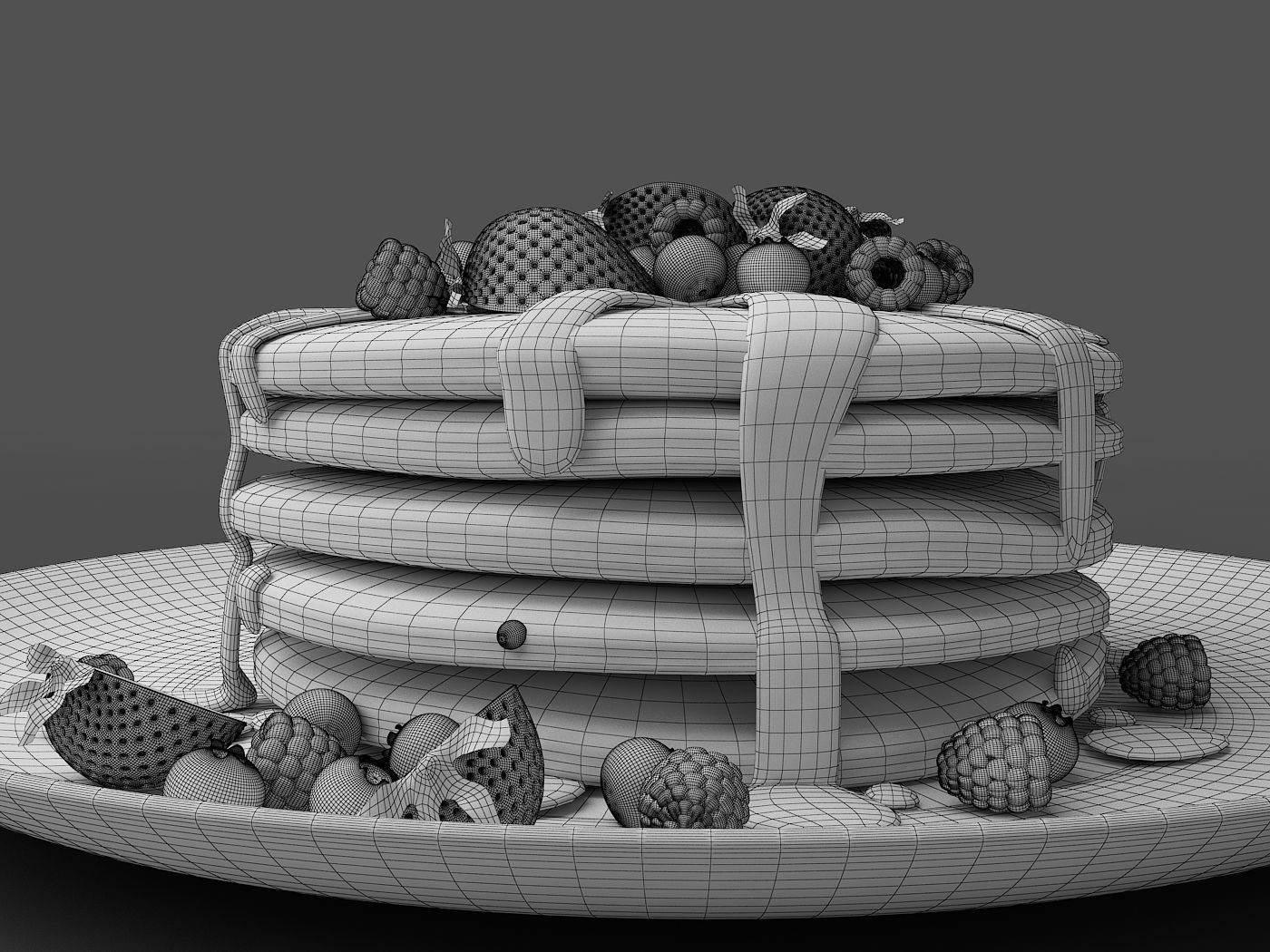 Pancakes stack of with berries and syrup 3D model_7
