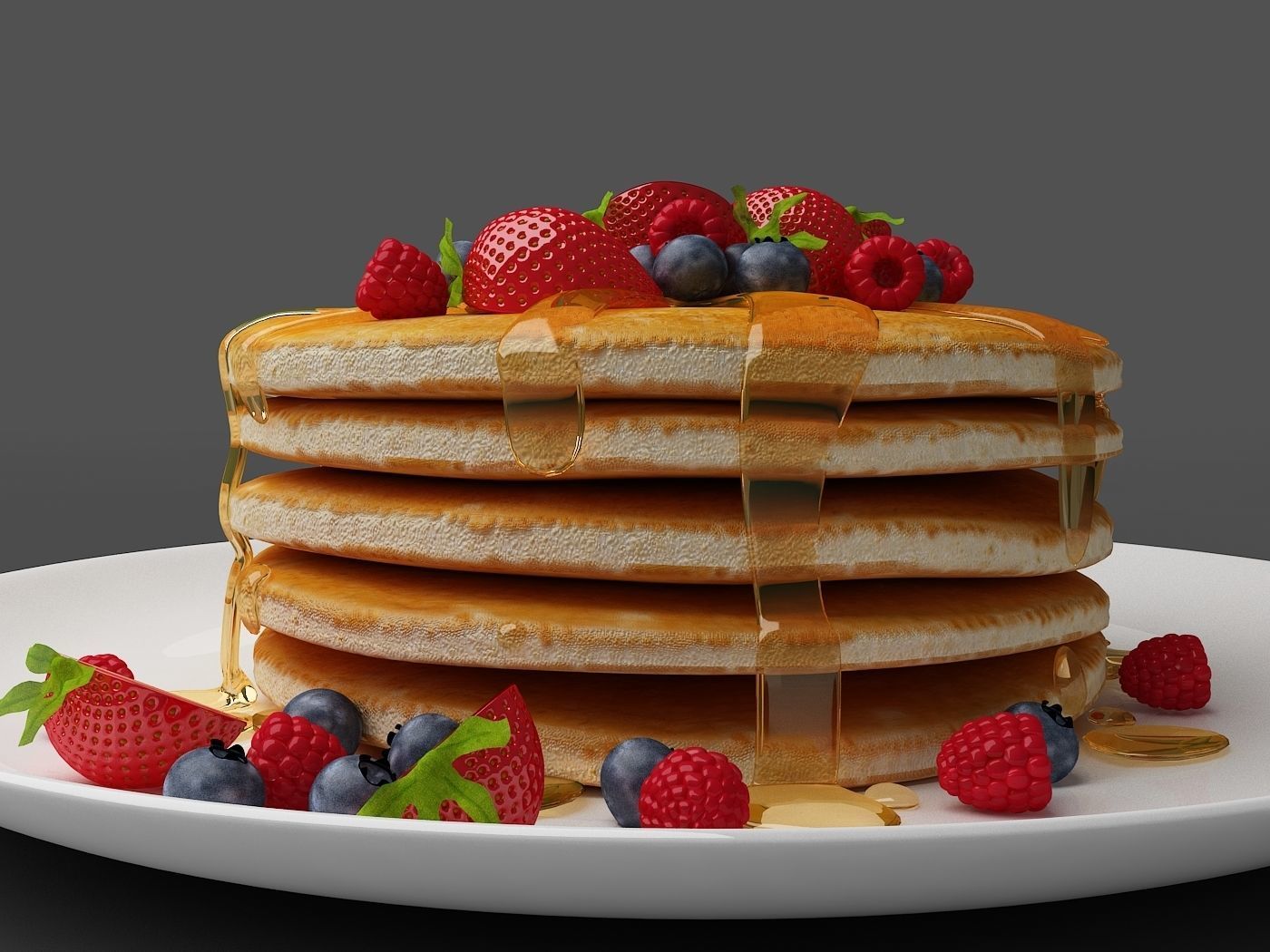 Pancakes stack of with berries and syrup 3D model_3
