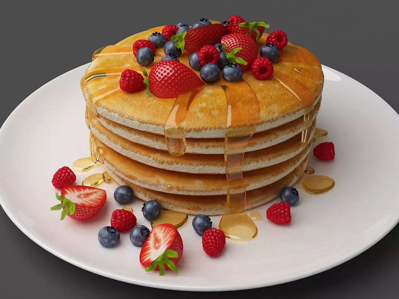 Pancakes stack of with berries and syrup 3D model_0