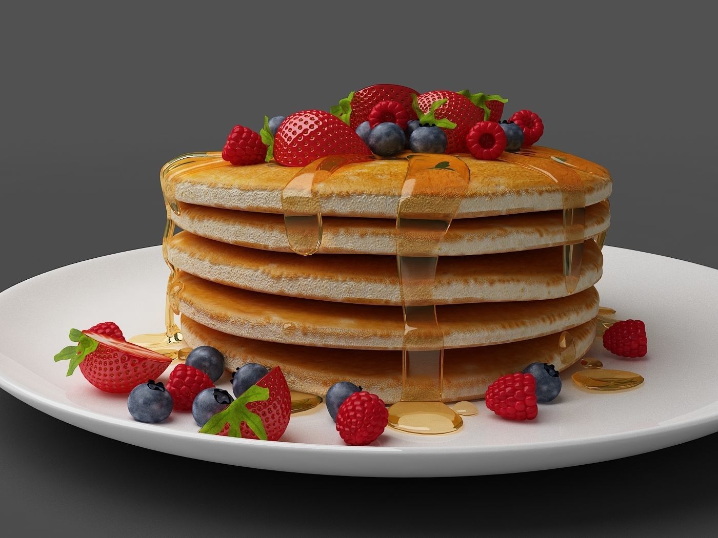 Pancakes stack of with berries and syrup 3D model_1