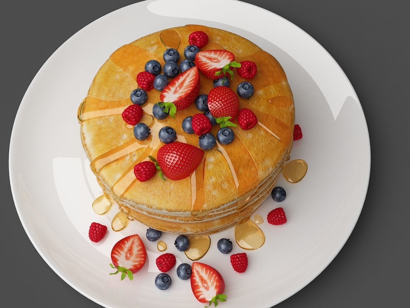 Pancakes stack of with berries and syrup 3D model_2
