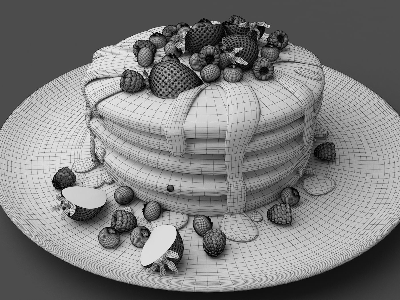 Pancakes stack of with berries and syrup 3D model_4