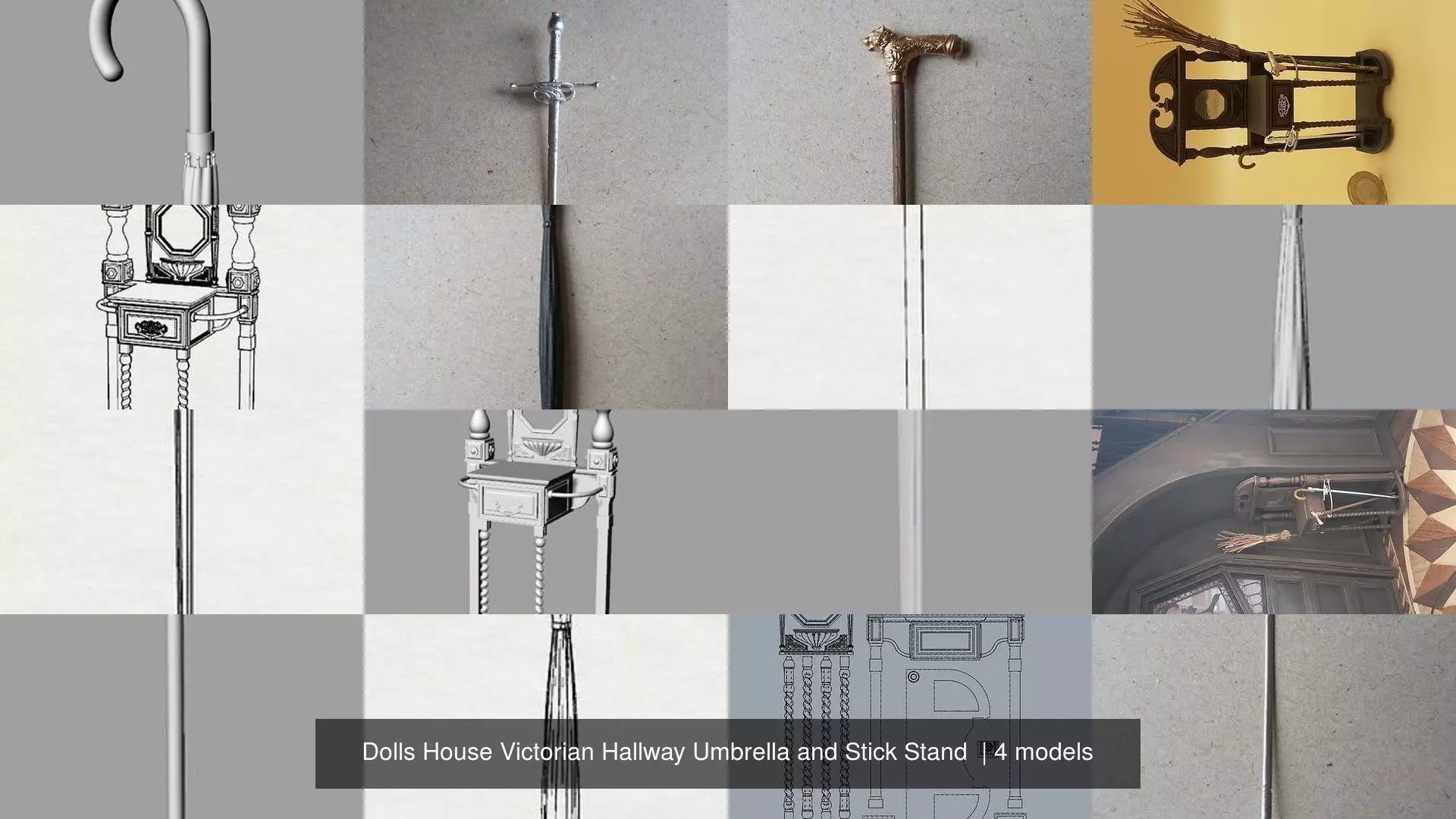 Dolls House Victorian Hallway Umbrella and Stick Stand  3D Model Collection_1