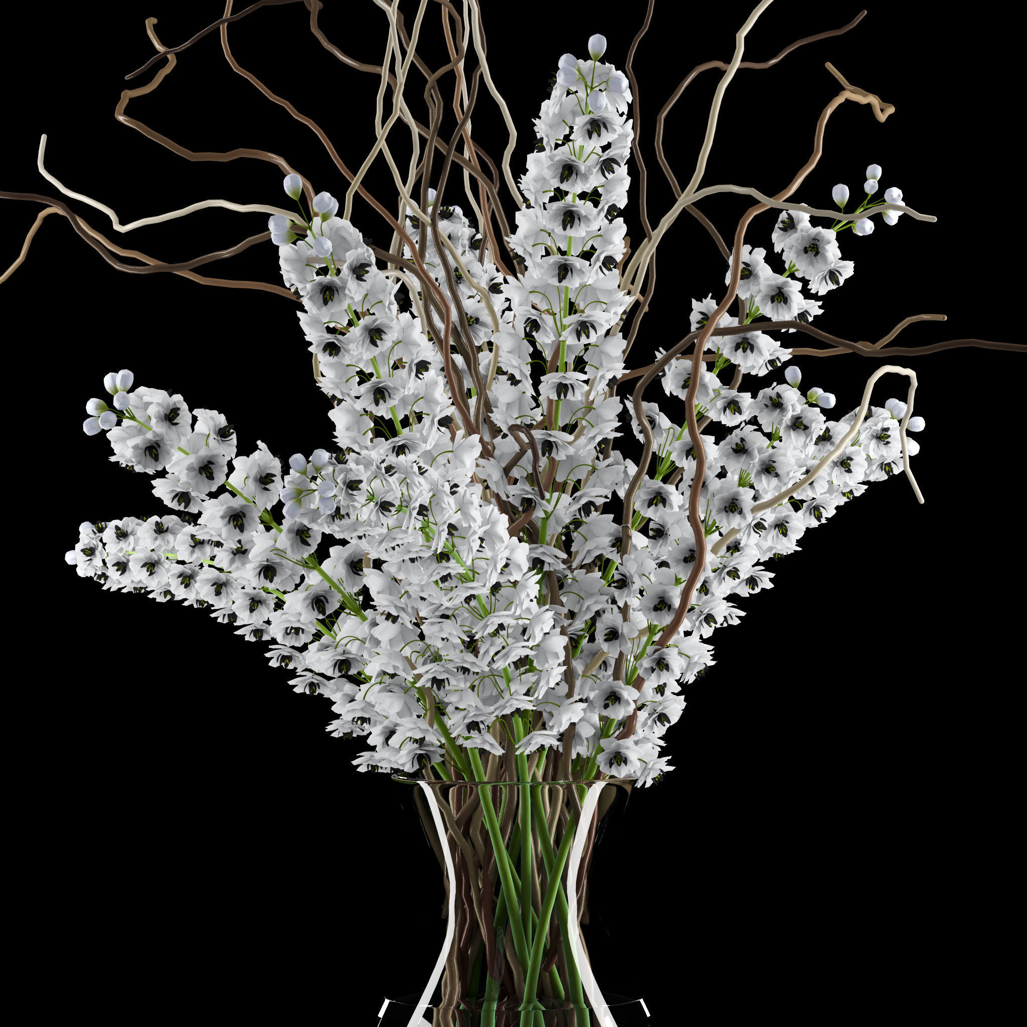 White delphinium in tall vase with willow branches 3D model_1