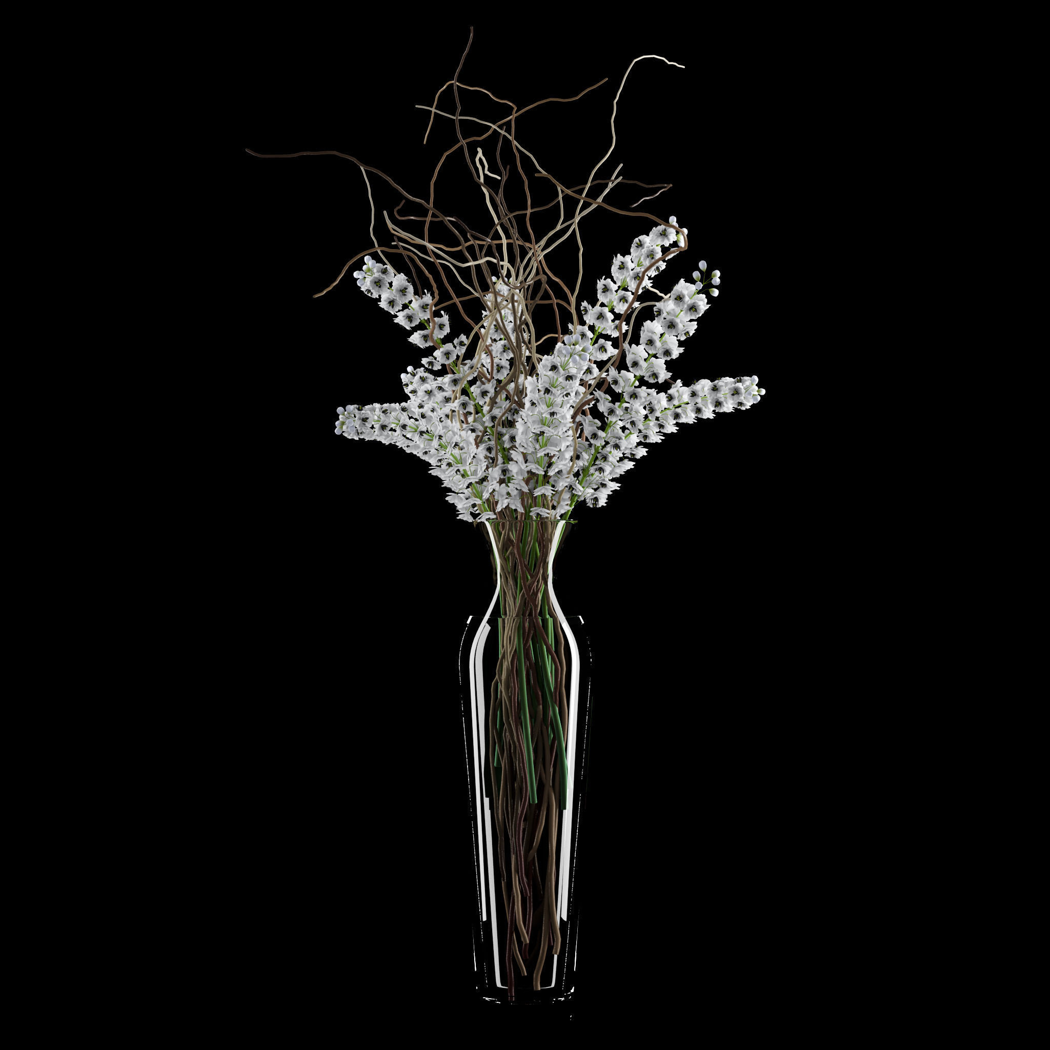 White delphinium in tall vase with willow branches 3D model_6