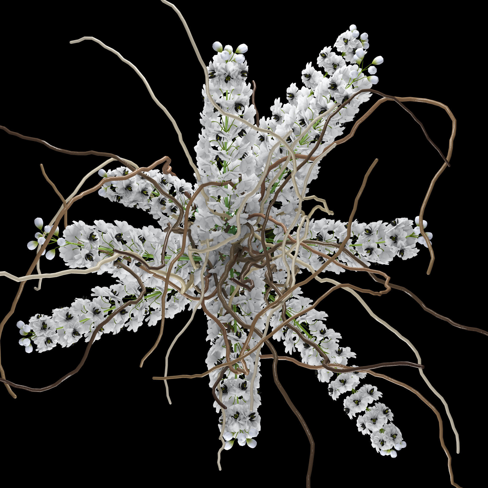 White delphinium in tall vase with willow branches 3D model_3