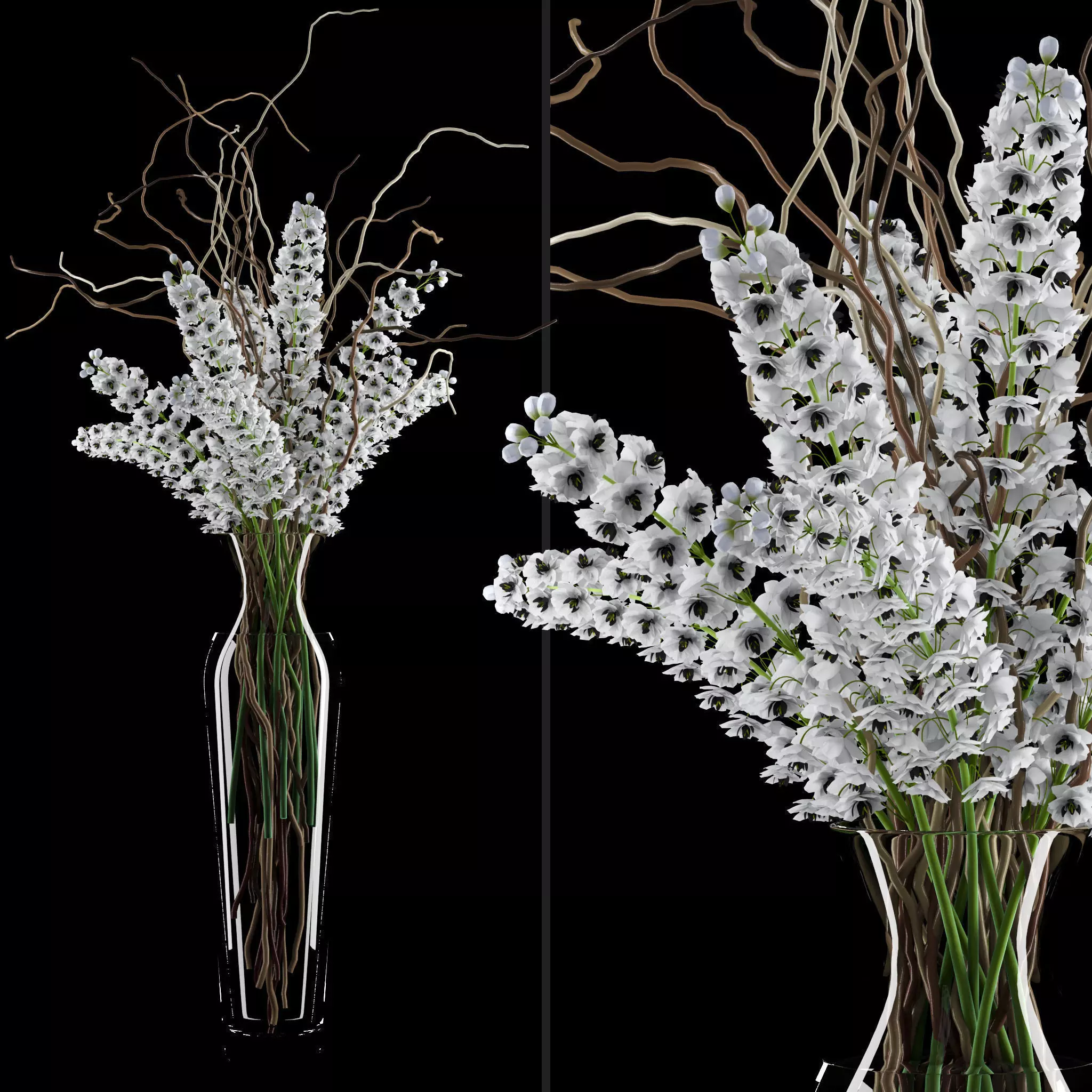 White delphinium in tall vase with willow branches 3D model_0